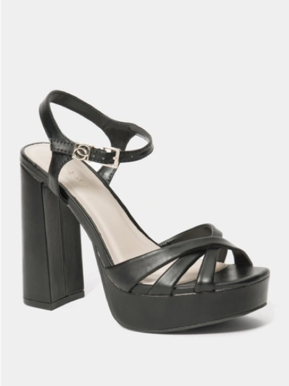 Bebe Inessa black block heel open round toe ankle strap high heels